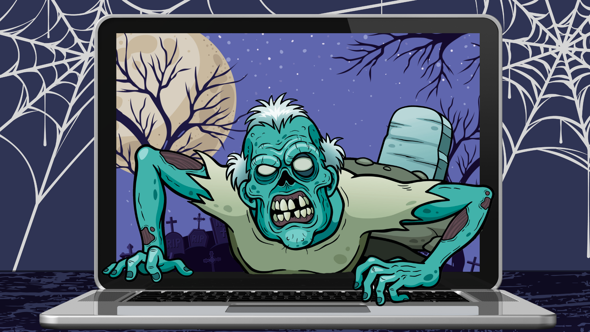 A cartoon zombie crawls out of a computer screen from a graveyard.