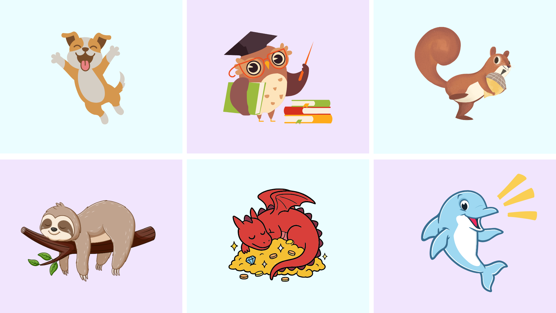 Collage of six cartoon animals.